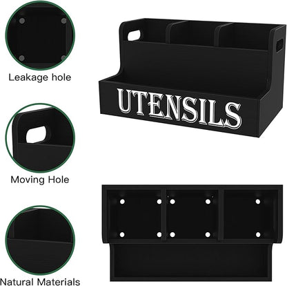 Suli Kitchen Utensils Holder, Wooden Utensil Organizer for Kitchen Countertop, Farmhouse Utensil Storage, Rustic Cooking Utensils ,4 Compartments,- Black