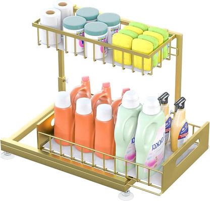 Saydear Under Sink Organizer Storage 2-Tier Premium Metal Pull-Out Kitchen Cabinet Organizer with Sliding Drawer, Height Adjustable, Heavy Duty for Kitchen & Bathroom Organizers 1 Pack Gold by Saydear