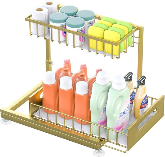 Saydear Under Sink Organizer Storage 2-Tier Premium Metal Pull-Out Kitchen Cabinet Organizer with Sliding Drawer, Height Adjustable, Heavy Duty for Kitchen & Bathroom Organizers 1 Pack Gold by Saydear