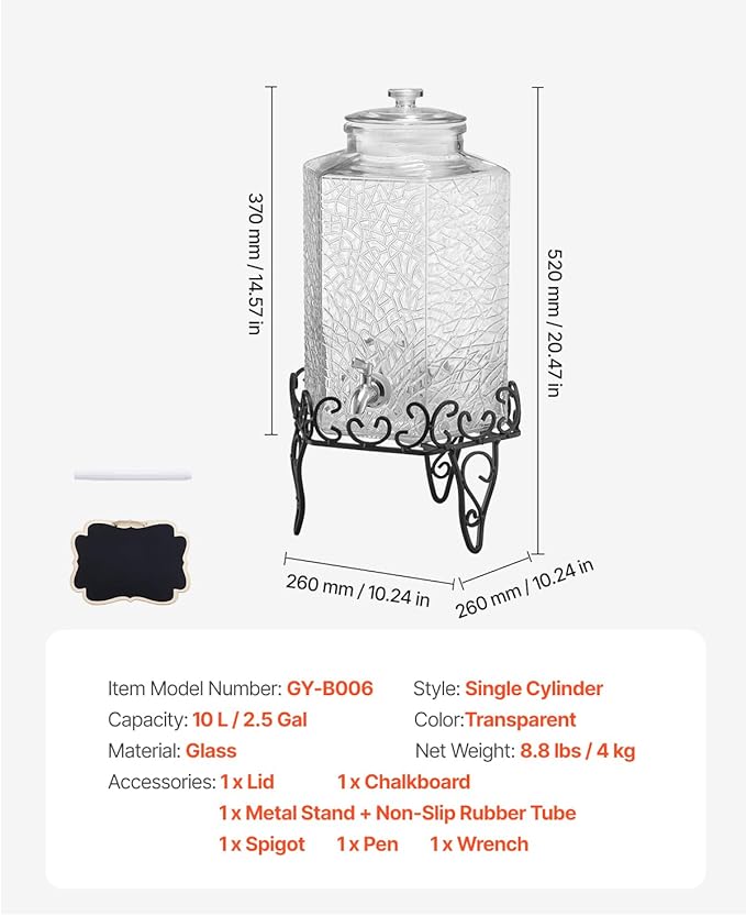 VEVOR Beverage Dispenser, 2.5 Gallon Drink Dispensers for Parties, Glass Juice Dispenser with Metal Stand, Stainless Steel Spigot, Iced Tea Lemonade Juice Water Dispensers for Parties