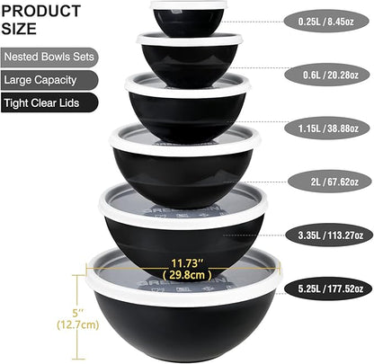 Greentainer Plastic Mixing Bowls with Lids Set for Kitchen, 6 Set Nesting Bowls for Mixing, Baking, Prepping, Cooking and Serving Food, Mixing Bowls Dishwasher, Microwave Safe