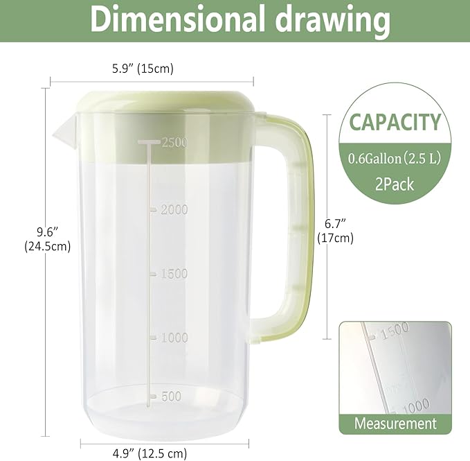 0.6 Gallon 2.5 Litre Clear Plastic Pitcher with Lid, 2 Pack Clear Water Pitchers for Cold Drinks, Iced Tea Jug for Lemonade, Iced Tea, Milk, Juice, Beverages - Image 2