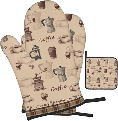 Vintage Coffee Themed Oven Mitts Heat Resistant,Vintage Pot Holder and Oven Mitts Set of 3 for Baking Cooking Grilling BBQ,Housewarming Gifts & Baking Gifts for Women Coffee Lover