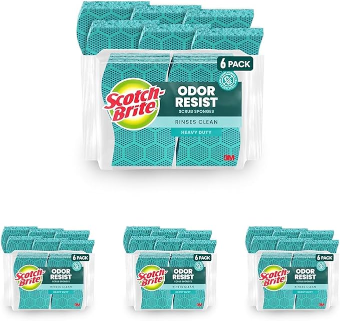 Scotch-Brite Odor Resist Heavy Duty Scrub Sponge,Dishwasher-Safe Kitchen sponges for Serious Scrubbing,Multipurpose Dish Sponge for Stuck-On Messes,6 Scrubbing Sponges,(Pack of 4) by Scotch-Brite