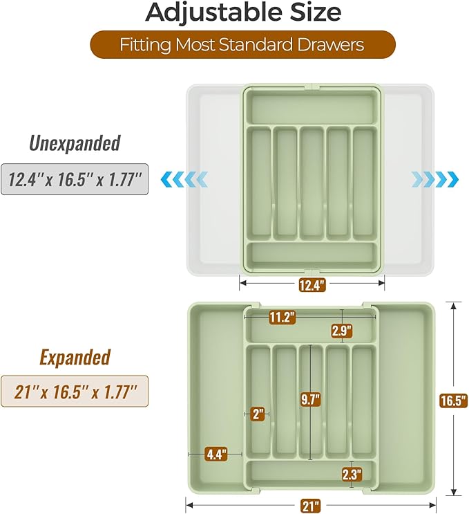ukeetap Extra Large Expandable Silverware Organizer, BPA-Free Food-Safe Cutlery Flatware Organizer, Kitchen Utensil Drawer Organizer, Adjustable Silverware Holder for Spoons Forks Knives, Green - Image 3