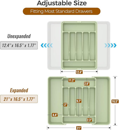 ukeetap Extra Large Expandable Silverware Organizer, BPA-Free Food-Safe Cutlery Flatware Organizer, Kitchen Utensil Drawer Organizer, Adjustable Silverware Holder for Spoons Forks Knives, Green - Image 3