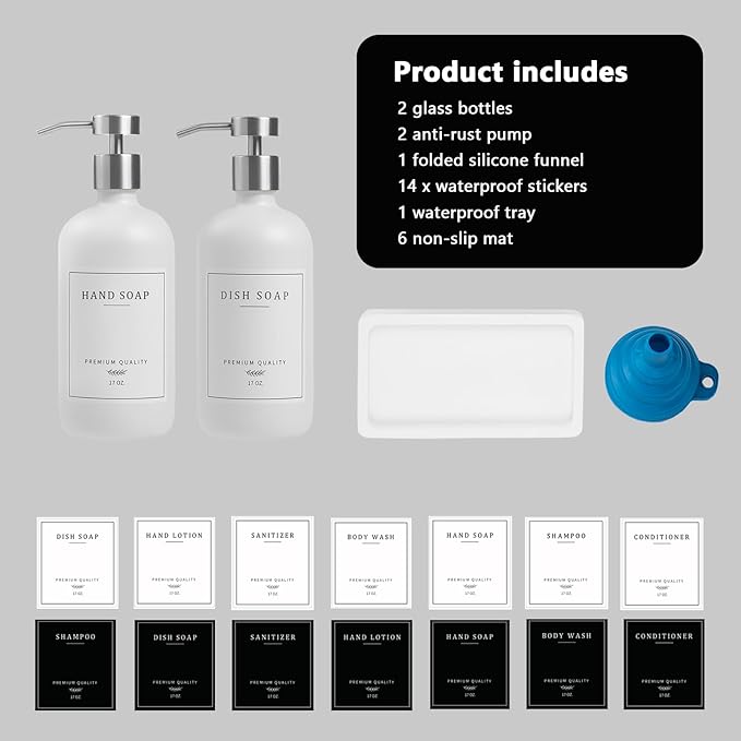 Glass Soap Dispenser Bathroom - Kitchen Dish Hand Soap Dispenser Set, Liquid Soap Lotion Dispenser with Tray, Hand Soap and Lotion Dispenser, White Bottle/Silver Pump-pd