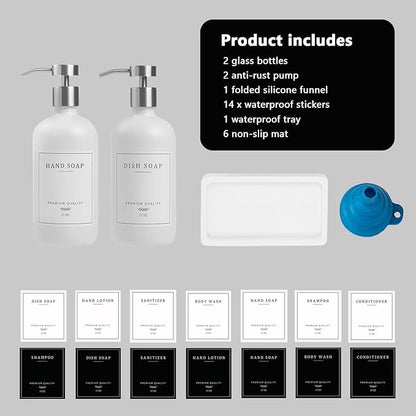 Glass Soap Dispenser Bathroom - Kitchen Dish Hand Soap Dispenser Set, Liquid Soap Lotion Dispenser with Tray, Hand Soap and Lotion Dispenser, White Bottle/Silver Pump-pd