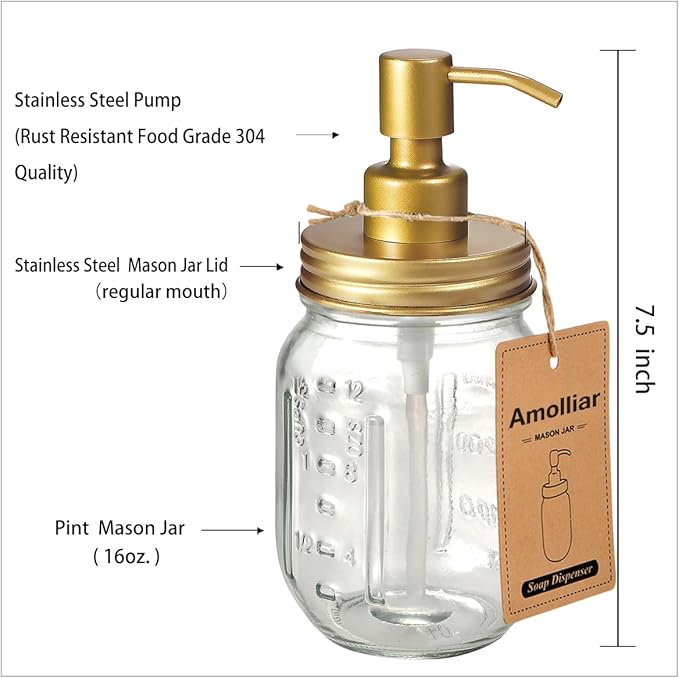 Amolliar Mason Jar Liquid Soap Dispenser -Rustproof Stainless Steel Farmhouse Decor for Bathroom Vanities,Kitchen Sink/ Liquid Soap Pumps for Hand Soap,Dish Soap,Lotions/Golden -2 Pack - Image 4