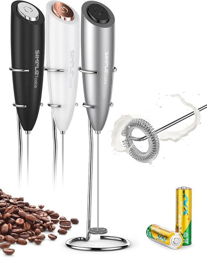 SIMPLETASTE Milk Frother Handheld Electric Foam Maker, Drink Mixer with Stainless Steel Whisk for Cappuccino, Bulletproof Coffee, Latte, Gray, with Stand, Battery Operated by SIMPLETaste