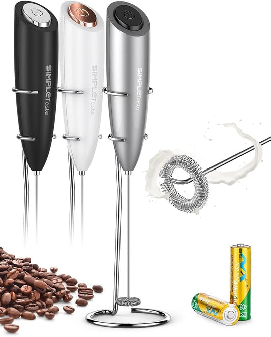 SIMPLETASTE Milk Frother Handheld Electric Foam Maker, Drink Mixer with Stainless Steel Whisk for Cappuccino, Bulletproof Coffee, Latte, Gray, with Stand, Battery Operated by SIMPLETaste
