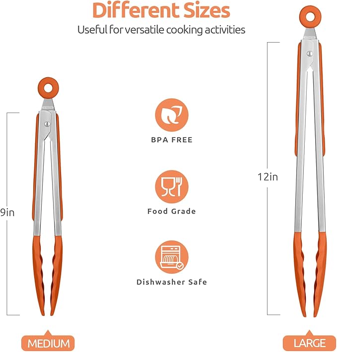 600ºF Heat Resistant Kitchen Tongs: U-Taste 9+12 inch Silicone Cooking Tong Set with Firm Sealed Non Stick Rubber Tips and Silicon Coated 18/8 Stainless Steel Handle for Serving Grilling Salad(Orange) - Image 2
