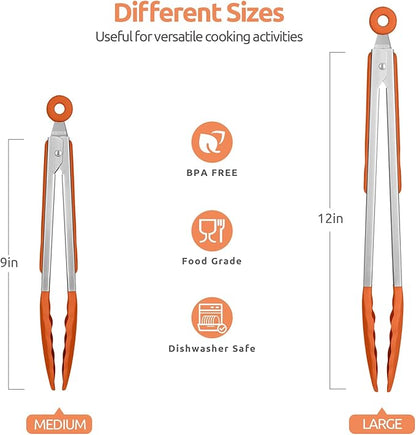 600ºF Heat Resistant Kitchen Tongs: U-Taste 9+12 inch Silicone Cooking Tong Set with Firm Sealed Non Stick Rubber Tips and Silicon Coated 18/8 Stainless Steel Handle for Serving Grilling Salad(Orange) - Image 2