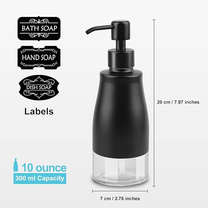 AUMIO Soap Dispenser with Stickers, Stainless Steel Case Glass Liner Hand Pump Dispenser, Refillable Dish Soap Dispenser for Kitchen Bathroom, Decorative Liquid Hand Soap Dispensers Matte Black(10 OZ) - Image 2