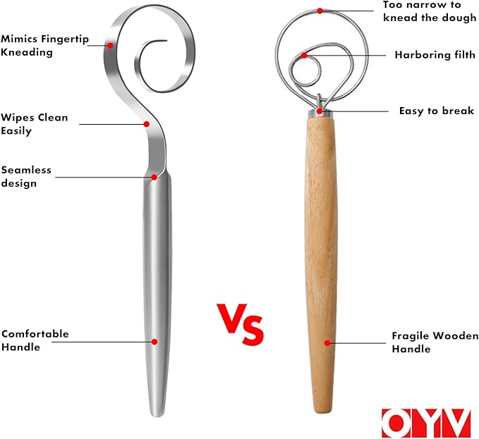 OYV 12" Seamless Dough Whisk, 18/10 Stainless Steel Bread Whisk, Danish Whisk for Sourdough, Pizza, Cookies, Pancake & Waffle, Easy to Clean Sour Dough Tools - Image 6