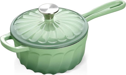 Enameled Cast Iron Sauce Pan With Lid, 1 Quart Cast Iron Saucepan with Lid, Heavy Duty Small Dutch Oven Pot for Cooking Pasta Sauce, Soup, Milk, Oven Safe up to 500°F (Fig Green)
