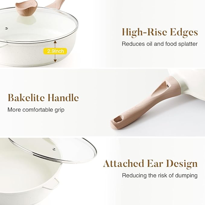 Kordisen Nonstick Ceramic Deep Frying Pan, 10 Inch Non Toxic Skillet with Lid, Healthy Jumbo Cooker, Saute Pan for Cooking, Induction Cookware, PFOA & PFAS Free (Cream) - Image 7