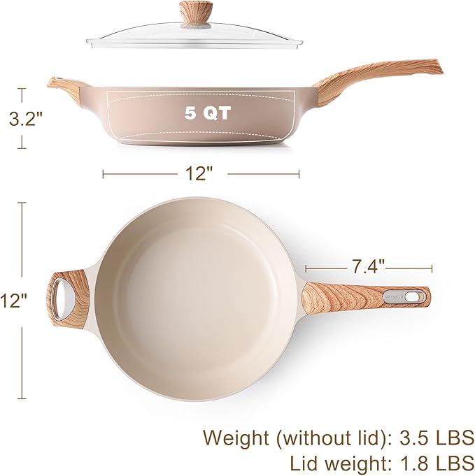 SENSARTE Ceramic Nonstick Frying Pan Skillet with Lid, 12 Inch Large Deep Frying Pan, 5 QT Saute Pan, Induction Pan, Healthy Non Toxic Cooking Pan with Helper Handle, PFOA PFAS PTFE Free - Image 6
