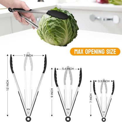 HOTEC Premium Stainless Steel Locking Kitchen Tongs with Silicon Tips, Heat Resistant Cooking Tongs Set of 3-7", 9" and 12", Black - Image 8
