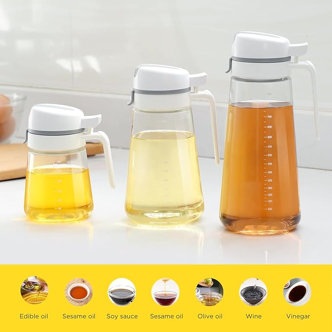 Auto Flip Olive Oil Dispenser Bottle - 12oz Clear Glass With Scale for Kitchen - Cruet