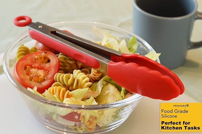 HINMAY Silicone Cooking Tongs 9-Inch Serving Tongs, Set of 3 (Red) - Image 7