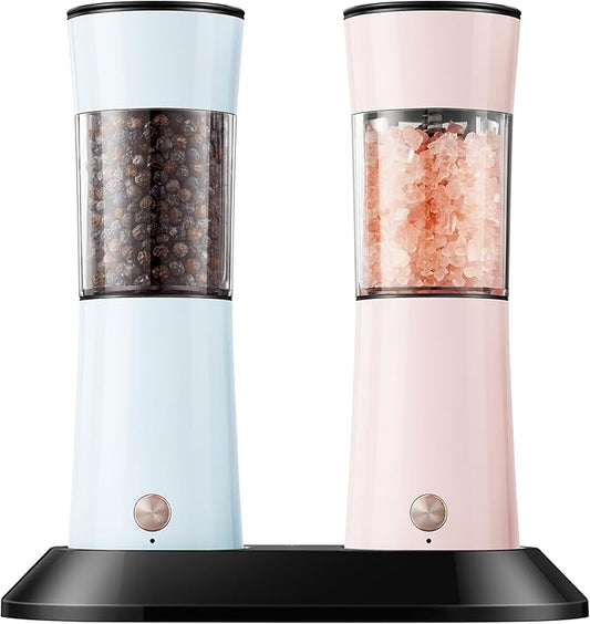 Gravity Electric Salt and Pepper Grinder Set with USB-C Charging Base,Rechargeable Automatic Stainless Steel Pepper Mill Grinder with LED Light, 2pack+Peach Orange (Morning Haze+Petal Pink)