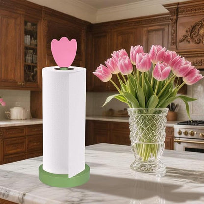 Modern Wooden Paper Towel Holder Stand - Beautiful Flower Design with Anti-Skid Base, Easy No-Tool Assembly for Kitchen Countertop, Bathroom, Office - Natural Home Decor
