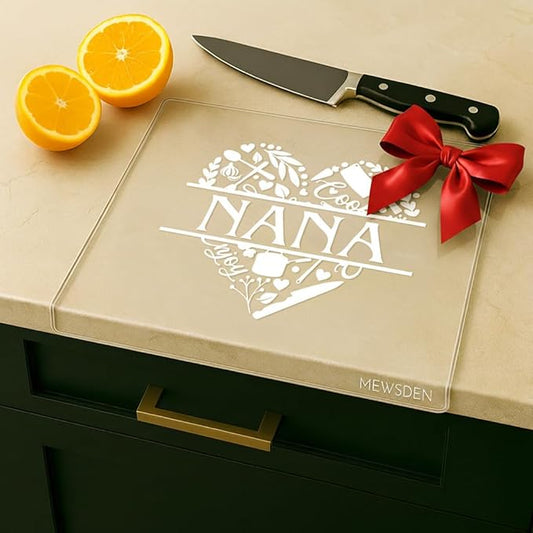 Nana Birthday Gifts from Grandchildren - Engraved Acrylic Cutting Board with Counter Lip, Clear Countertop Protector Cooking Gift for Nana Christmas Grandparent Day Presents Aesthetic Kitchen Decor by MEWSDEN