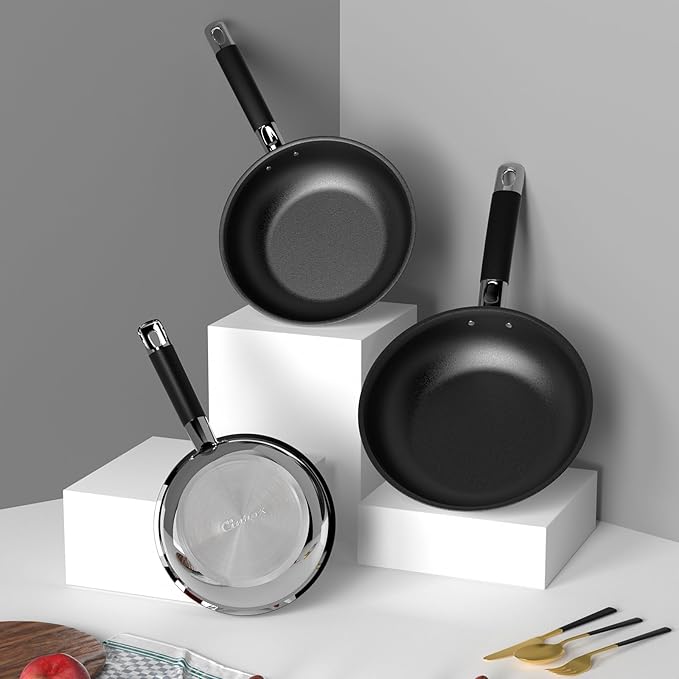 Non Stick Frying Pans Sets, 3-Piece Nonstick Pans, 10” 11.5” Skillet, 5” Egg Pan, 5-Ply Base Compatible with All Stoves