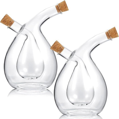 Suclain 2 Pcs Oil and Vinegar Dispenser, 2 in 1 Glass Olive Oil and Vinegar Cruet Dispenser Bottle, Olive Soy Sauce Dispenser Double Pourer Spout, Kitchen Cooking Container(Classic)