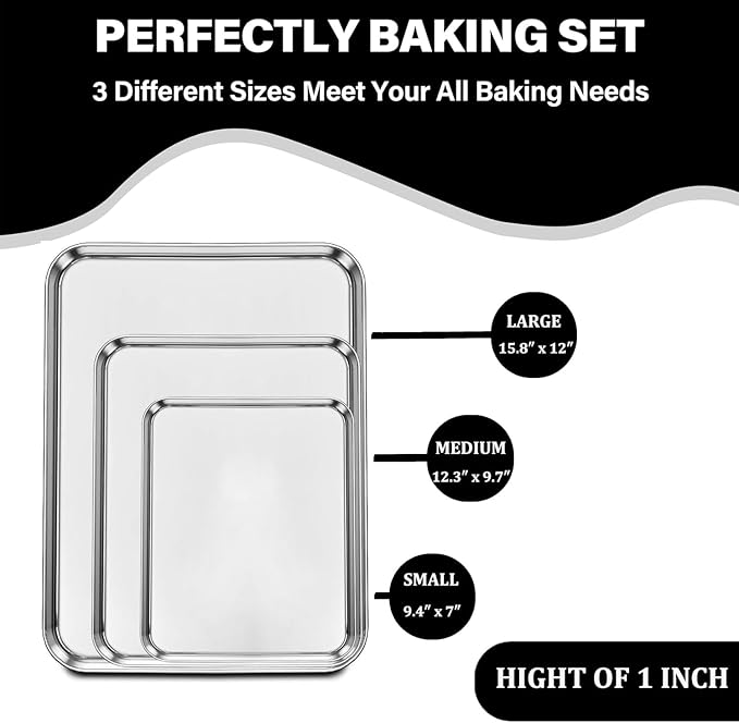 Set of 3 Baking Sheet, Stainless Steel Cookie Sheet Baking Sheet Pan, 9/12/16 Inch Cookie Tray Pans for Baking, Non Toxic & Easy Clean - Image 2