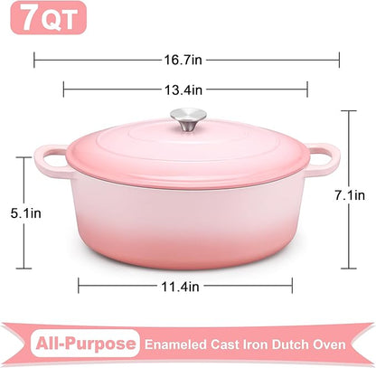 E-far 7QT Oval Dutch Oven Pot with Lid, Enameled Cast Iron Dutch Oven with Dual Handles, Heavy-Duty Cookware for Sourdough Bread Baking, Braising, Stews, Oven Safe & Easy Clean, Pink