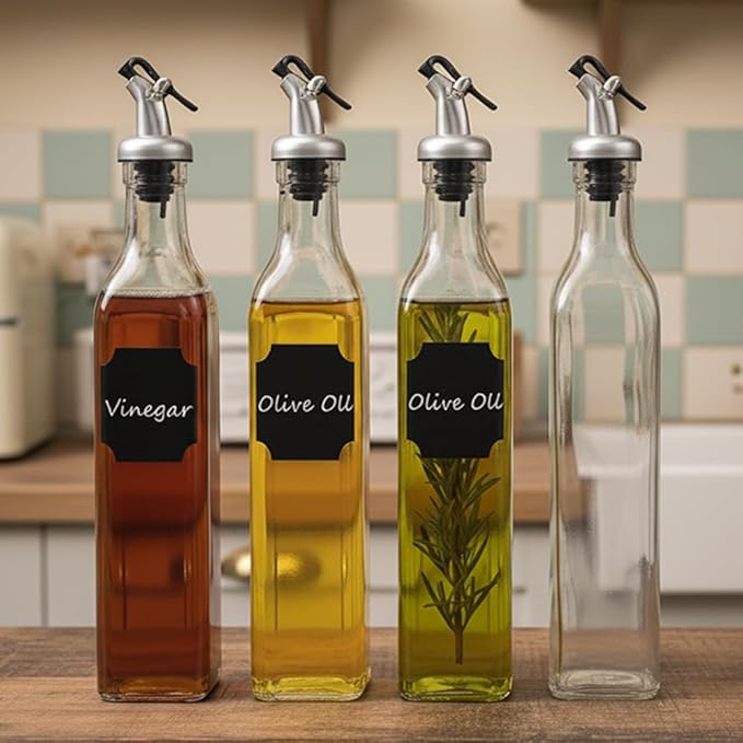 WERTIOO Olive Oil Dispenser Bottle,4Pack 17 OZ Glass Oil Dispenser for Kitchen with 4 Pourer,2 Stainless Steel Funnel & 1 Pen and 8 Label for Kitchen (500ml) - Image 8