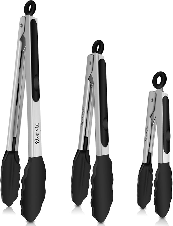 Kitchen Tongs with Silicone Tips - Heat Resistant 600°F Stainless Steel Cooking Tong Set, Non-Stick 7" 9" 12" Locking Silicone Tongs for Cooking, Grilling, Serving & Baking (3-Piece, Black) by Unknown