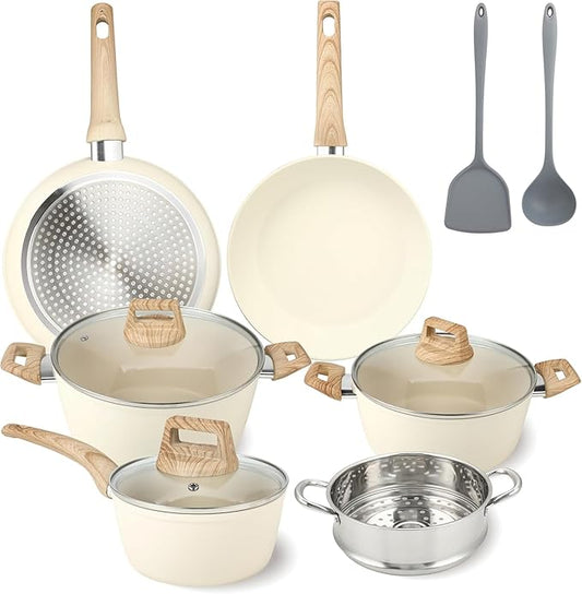 11 Pcs Pots and Pans Set, Nonstick Cookware Set with Lids and Wooden Handles, Silicone Spoons & Spatulas, Non-toxic Healthy Kitchen Cooking Set, PFAS & PFOA Free