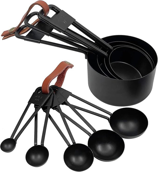 9PCS Black Stainless Steel Measuring Cups and Spoons Set, Heavy Duty Measuring Cup Set