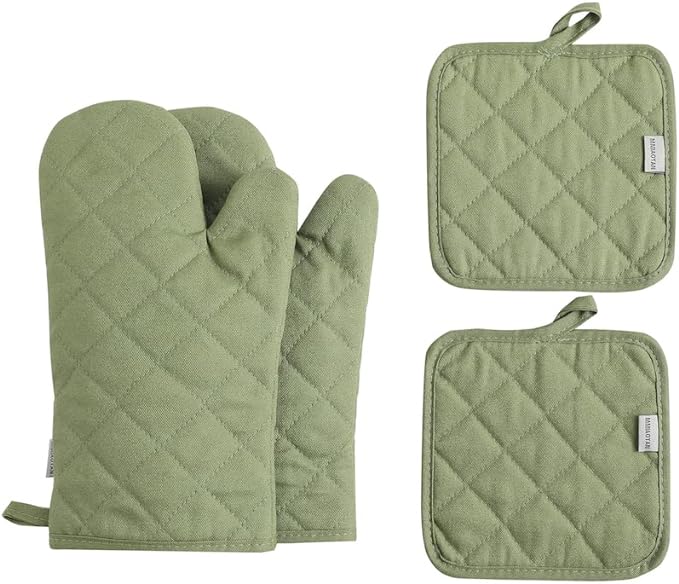 Oven Mitts and Pot Holders 4 pcs Set,High Heat Resistant 500 Degree Extra Thicken Long Kitchen Cotton Oven Glove for Cooking (12 Inch,Green) by M+MIAOYAN