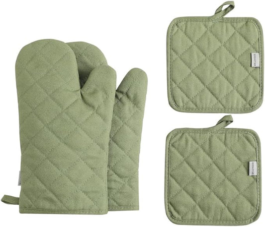 Oven Mitts and Pot Holders 4 pcs Set,High Heat Resistant 500 Degree Extra Thicken Long Kitchen Cotton Oven Glove for Cooking (12 Inch,Green) by M+MIAOYAN