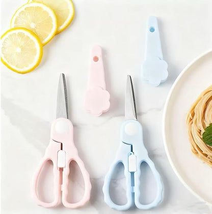 Baby Food Scissors with Travel Case, Portable Stainless Steel Shears with Safety Lock, Dishwasher Safe, Kitchen Scissors, Healthy Food Cutter with Dust Cover, Blue