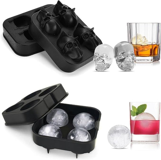2 Pack Halloween Ice Cube Molds, Halloween Reusable Ice Cube Tray for Freezer, Black Silicone Ice Cube Tray with Lid, 3D Skull & Sphere Ice Cube Molds for Whiskey, Cocktails, Homemade Cold Drinks