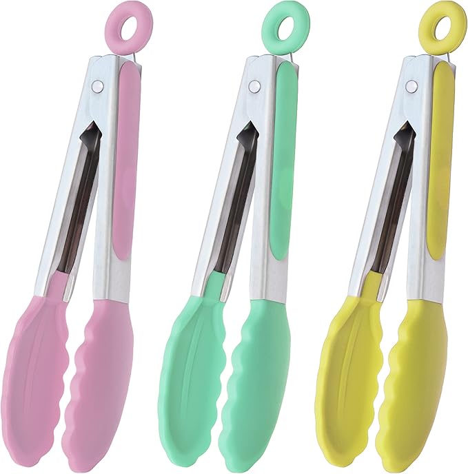 HINMAY Small Tongs with Silicone Tips 7-Inch Serving Tongs, Set of 3 (Pink Mint Yellow) by HINMAY