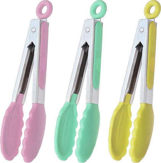 HINMAY Small Tongs with Silicone Tips 7-Inch Serving Tongs, Set of 3 (Pink Mint Yellow) by HINMAY
