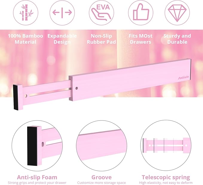 ANTOWIN Expandable Bamboo Drawer Dividers Organizers, Drawer Separators Splitter, 17-22 inches Long Adjustable Spring-loaded Organizer for Large Utensil, Clothes, Tools(Pink) - Image 2