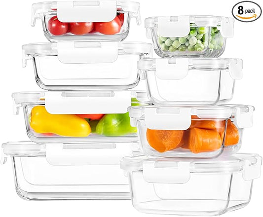 HOMBERKING 8 Pack Glass Food Storage Containers with Lids, Meal Prep Containers, Airtight Bento Boxes with Leak Proof Locking for Microwave, Oven, Freezer and Dishwasher, BPA Free, 5-35oz, white by HOMBERKING