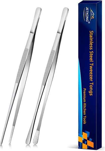 JETKONG 2 Pcs 10-Inch Cooking Tweezers Stainless Steel, Straight Food Tweezers, Professional Kitchen Forceps for Cooking Repairing and BBQ (Silver) by JETKONG