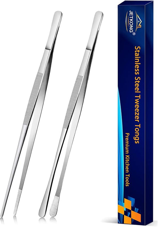 JETKONG 2 Pcs 10-Inch Cooking Tweezers Stainless Steel, Straight Food Tweezers, Professional Kitchen Forceps for Cooking Repairing and BBQ (Silver) by JETKONG