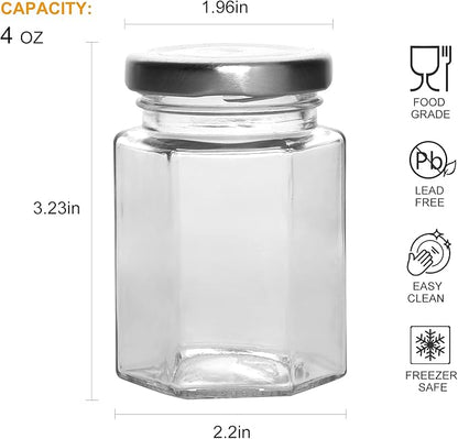 Accguan Hexagon Glass Jars, 30 Pcs 4 oz Glass Jars with Silver Lids, Mason Jars for Jam, Jelly, Honey, Gifts, Crafts, Wedding, Spice, Dry Goods and More