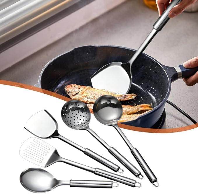 5 PCS Cooking Utensils Set Stainless Steel Kitchen Utensils Gadgets Resistant Cooking Tools Includes Slotted Spoon, Slotted Spatula, Large Spoon, Soup, Spatula(Sliver) - Image 4