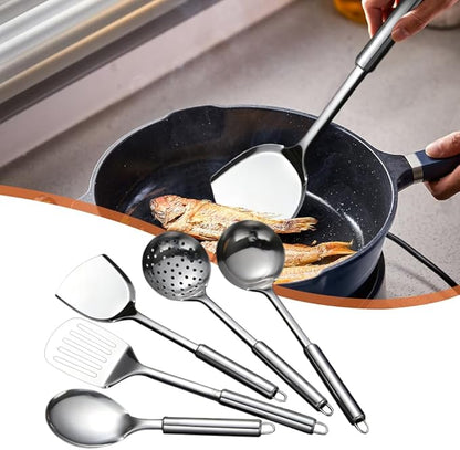 5 PCS Cooking Utensils Set Stainless Steel Kitchen Utensils Gadgets Resistant Cooking Tools Includes Slotted Spoon, Slotted Spatula, Large Spoon, Soup, Spatula(Sliver) - Image 4