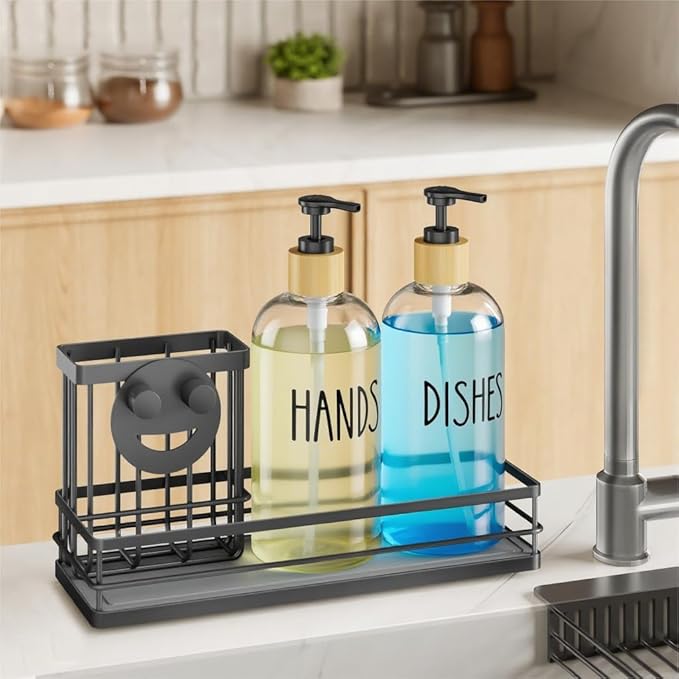 Moforoco Kitchen Dish Soap Dispenser Set, 16OZ Glass Bottle, Hand and Dish Soap Dispenser Set, Instant Dry Tray, Brush Holder with Smiley Face Sponge Holder (Black Tray+Clear Bottle) - Image 7
